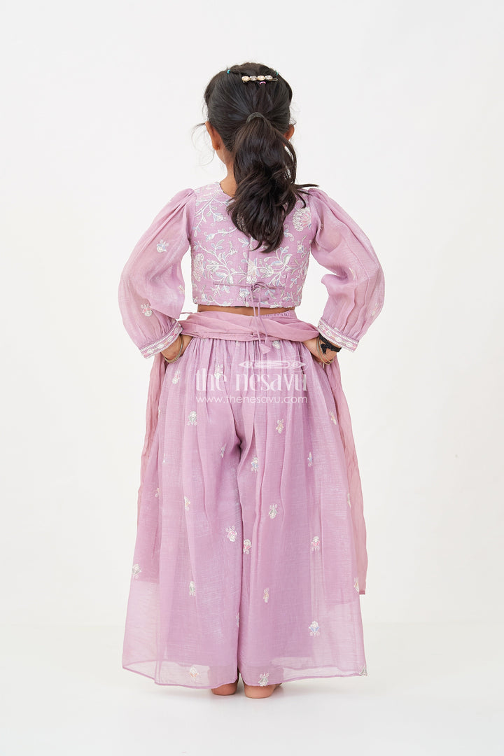 The Nesavu Girls Sharara / Plazo Set Sharara Purple Set for Girls in Organza with Sequence Thread Embroidery and Long Sleeve Top Nesavu Nesavu Sharara Purple Organza Set Girls Sequence Embroidered Top Matching Dupatta