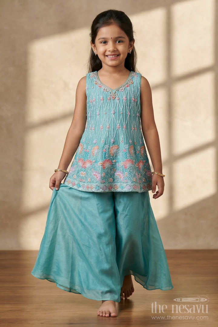 The Nesavu Girls Sharara / Plazo Set Sharara Set for Weddings and Festive Celebrations Nesavu 24 (5Y) / Green / Georgette GPS971A-24 Nesavu girls georgette sharara set with designer embroidered yoke for weddings