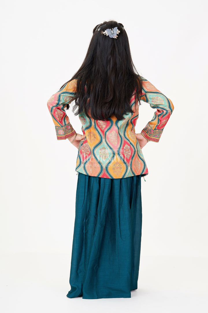 The Nesavu Girls Sharara / Plazo Set Sharara Suit for Girls in Pure Viscose Silk with Digital Print Jacket and Sleeveless Top Nesavu Nesavu Sharara Suit Girls Viscose Silk Multicolor Digital Print Jacket Sharara Pant