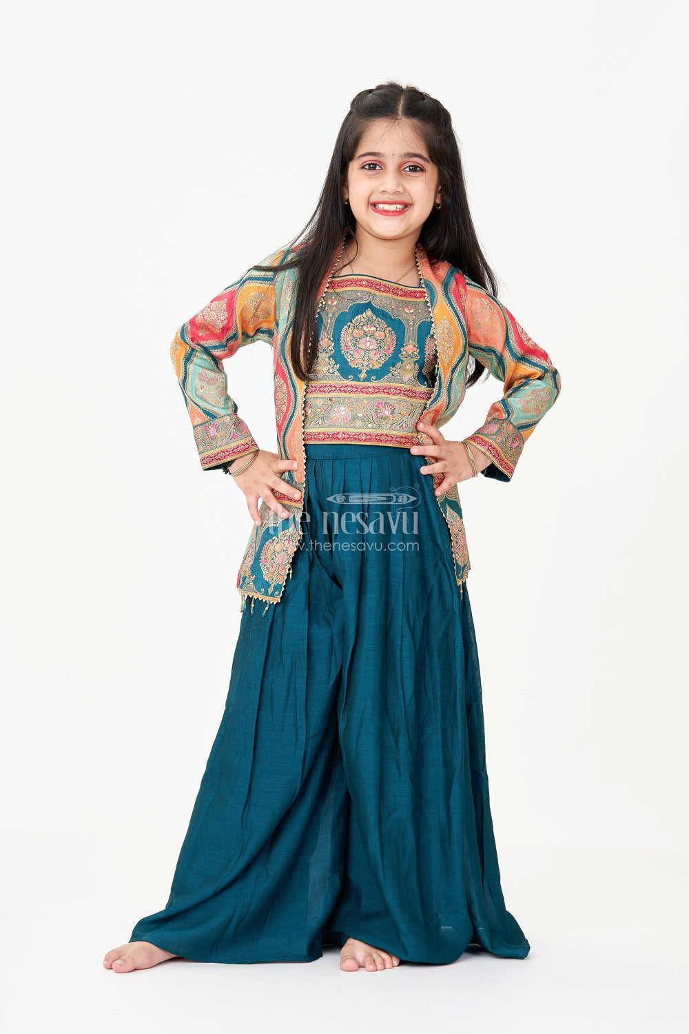 The Nesavu Girls Sharara / Plazo Set Sharara Suit for Girls in Pure Viscose Silk with Digital Print Jacket and Sleeveless Top Nesavu Nesavu Sharara Suit Girls Viscose Silk Multicolor Digital Print Jacket Sharara Pant