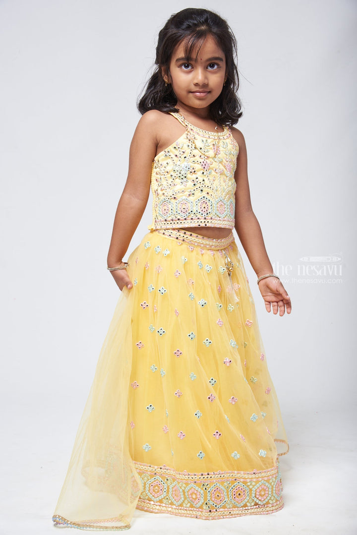 The Nesavu Lehenga & Ghagra Shimmering Beauty: Girls Mirror Embroidered Designer Lehenga Top Nesavu 12 (3M) / Yellow GL354A-12 Little Girls Embroidered Dress | Designer Lehenga Choli for Girls | The Nesavu