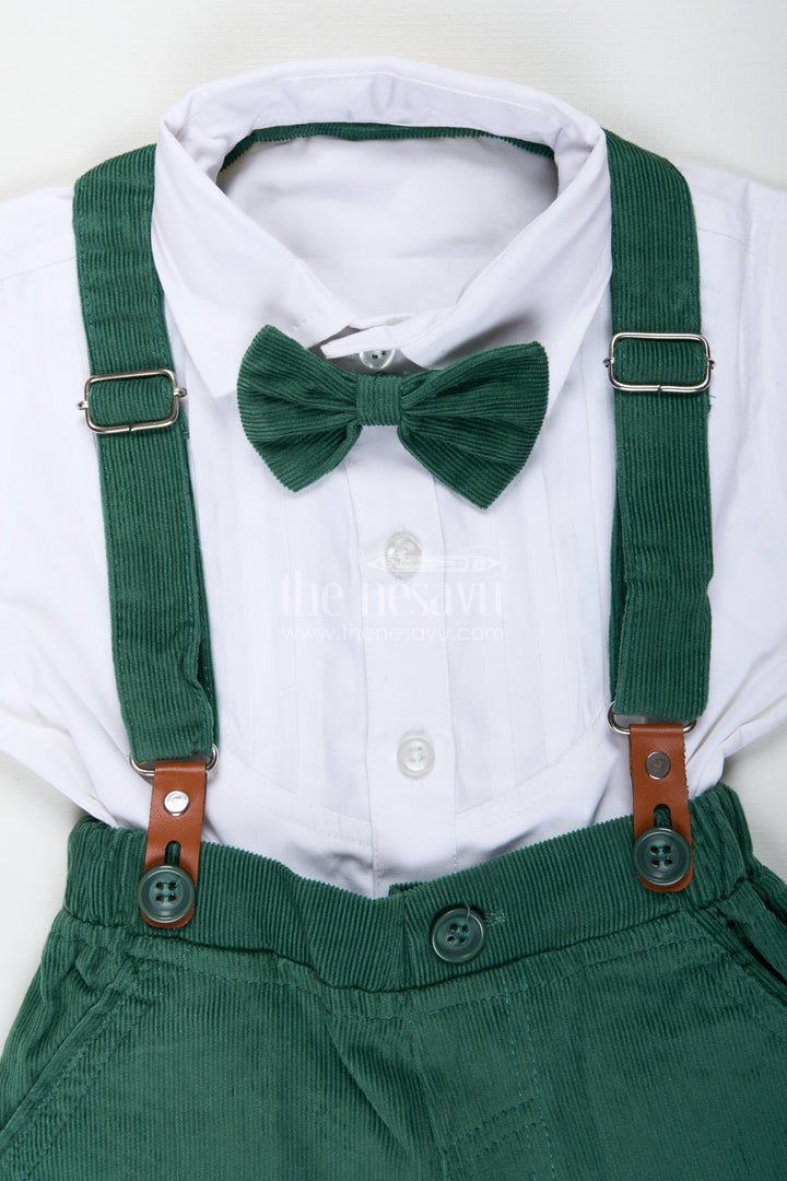 The Nesavu Boys Casual Set Shirt and Bow Tie Sets for Boys in White Cotton with Green Corduroy Shorts and Suspenders Nesavu Nesavu Shirt Bow Tie Sets Boys White Pleated Shirt Green Corduroy Bottom