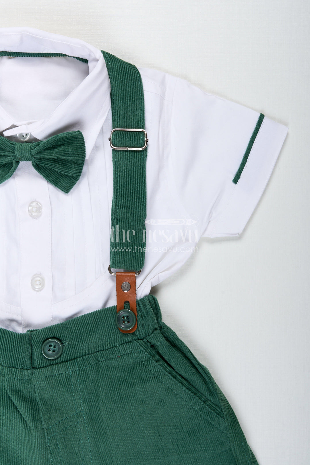 The Nesavu Boys Casual Set Shirt and Bow Tie Sets for Boys in White Cotton with Green Corduroy Shorts and Suspenders Nesavu Nesavu Shirt Bow Tie Sets Boys White Pleated Shirt Green Corduroy Bottom