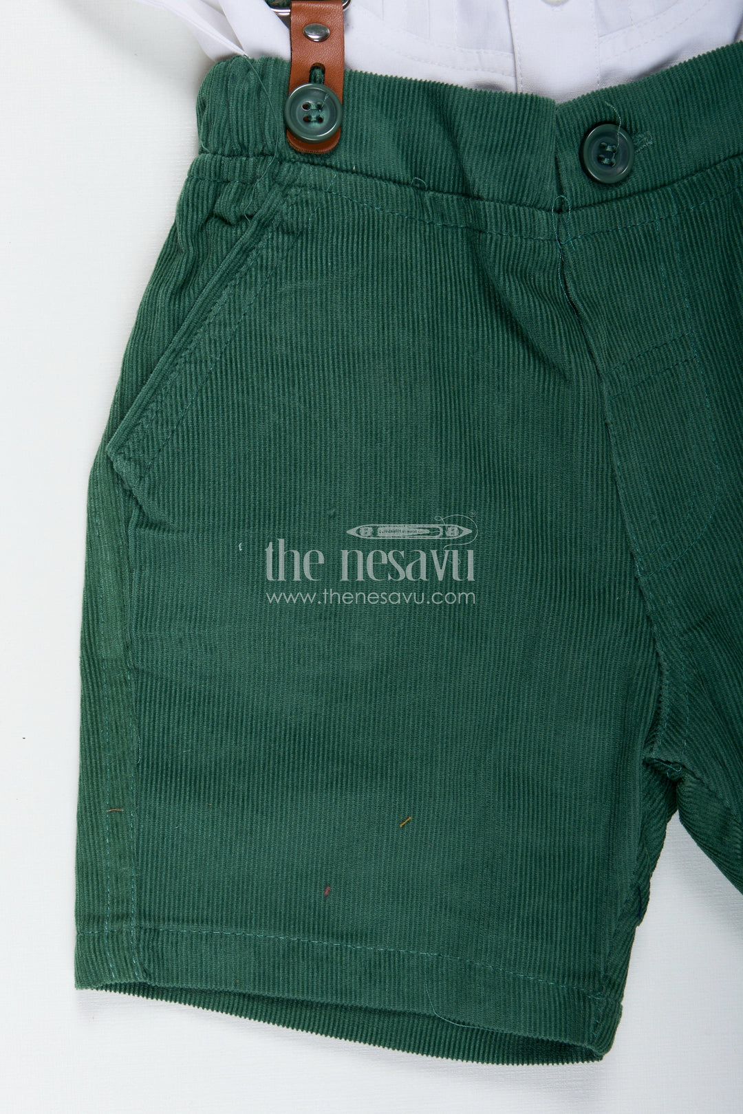 The Nesavu Boys Casual Set Shirt and Bow Tie Sets for Boys in White Cotton with Green Corduroy Shorts and Suspenders Nesavu Nesavu Shirt Bow Tie Sets Boys White Pleated Shirt Green Corduroy Bottom