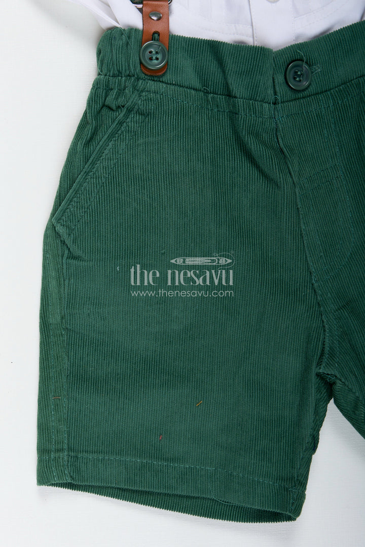 The Nesavu Boys Casual Set Shirt and Bow Tie Sets for Boys in White Cotton with Green Corduroy Shorts and Suspenders Nesavu Nesavu Shirt Bow Tie Sets Boys White Pleated Shirt Green Corduroy Bottom