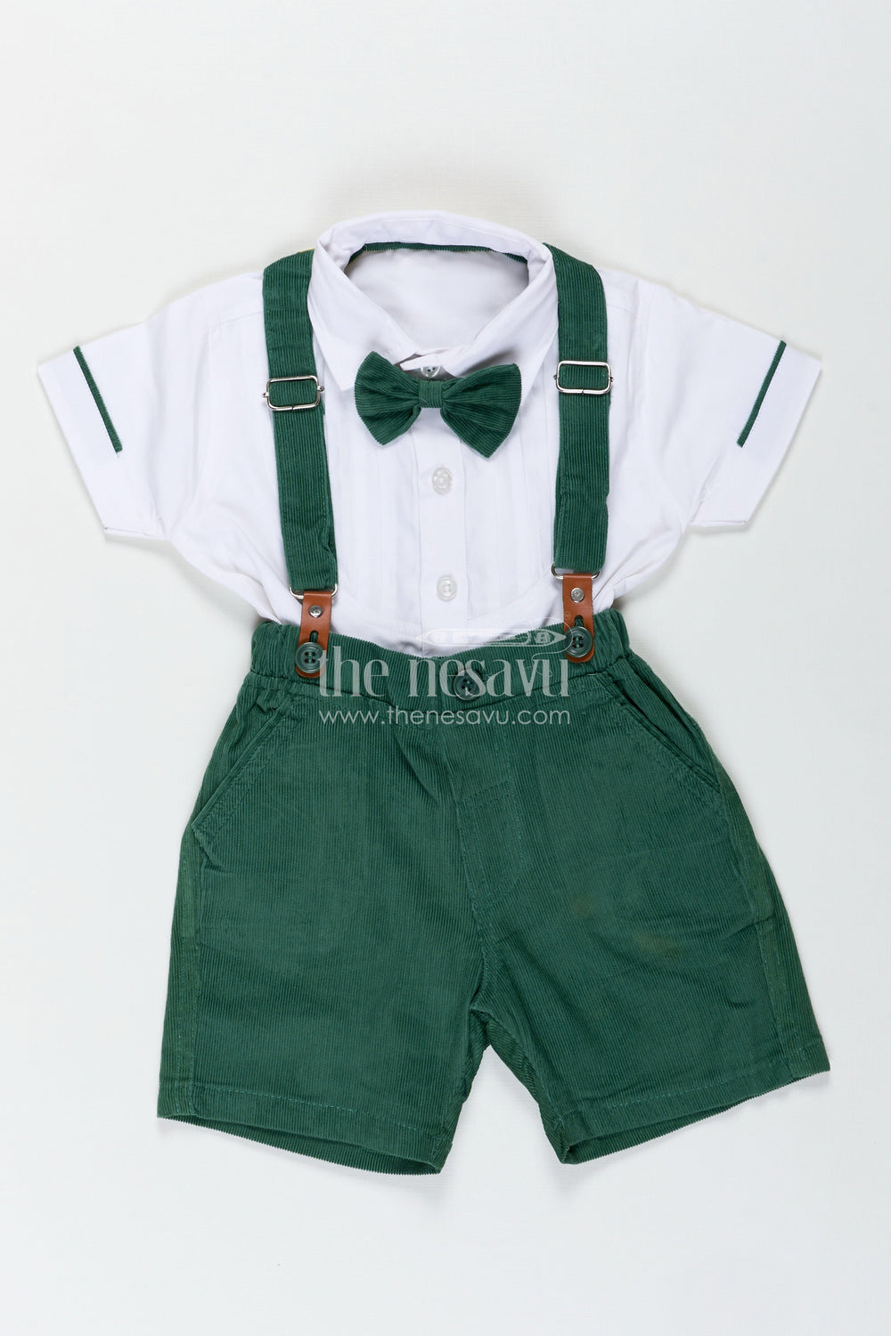 The Nesavu Boys Casual Set Shirt and Bow Tie Sets for Boys in White Cotton with Green Corduroy Shorts and Suspenders Nesavu Nesavu Shirt Bow Tie Sets Boys White Pleated Shirt Green Corduroy Bottom
