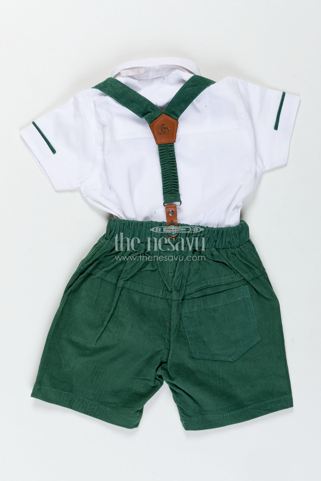The Nesavu Boys Casual Set Shirt and Bow Tie Sets for Boys in White Cotton with Green Corduroy Shorts and Suspenders Nesavu Nesavu Shirt Bow Tie Sets Boys White Pleated Shirt Green Corduroy Bottom