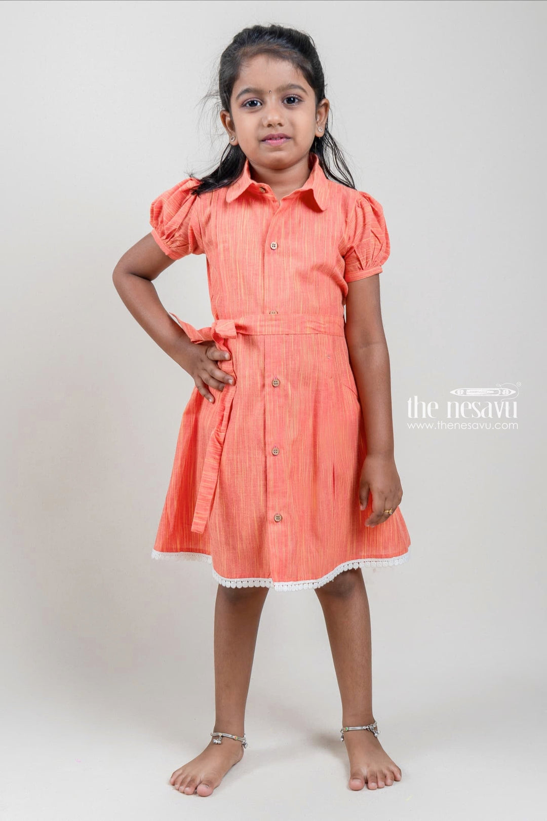 The Nesavu Girls Cotton Frock Shirt Collar Tunic Play wear Cotton Frock Nesavu 14 (6M) / Orange / Cotton GFC975B-14 Chinna Pillala Frocks| Cotton Frocks Designs| The Nesavu