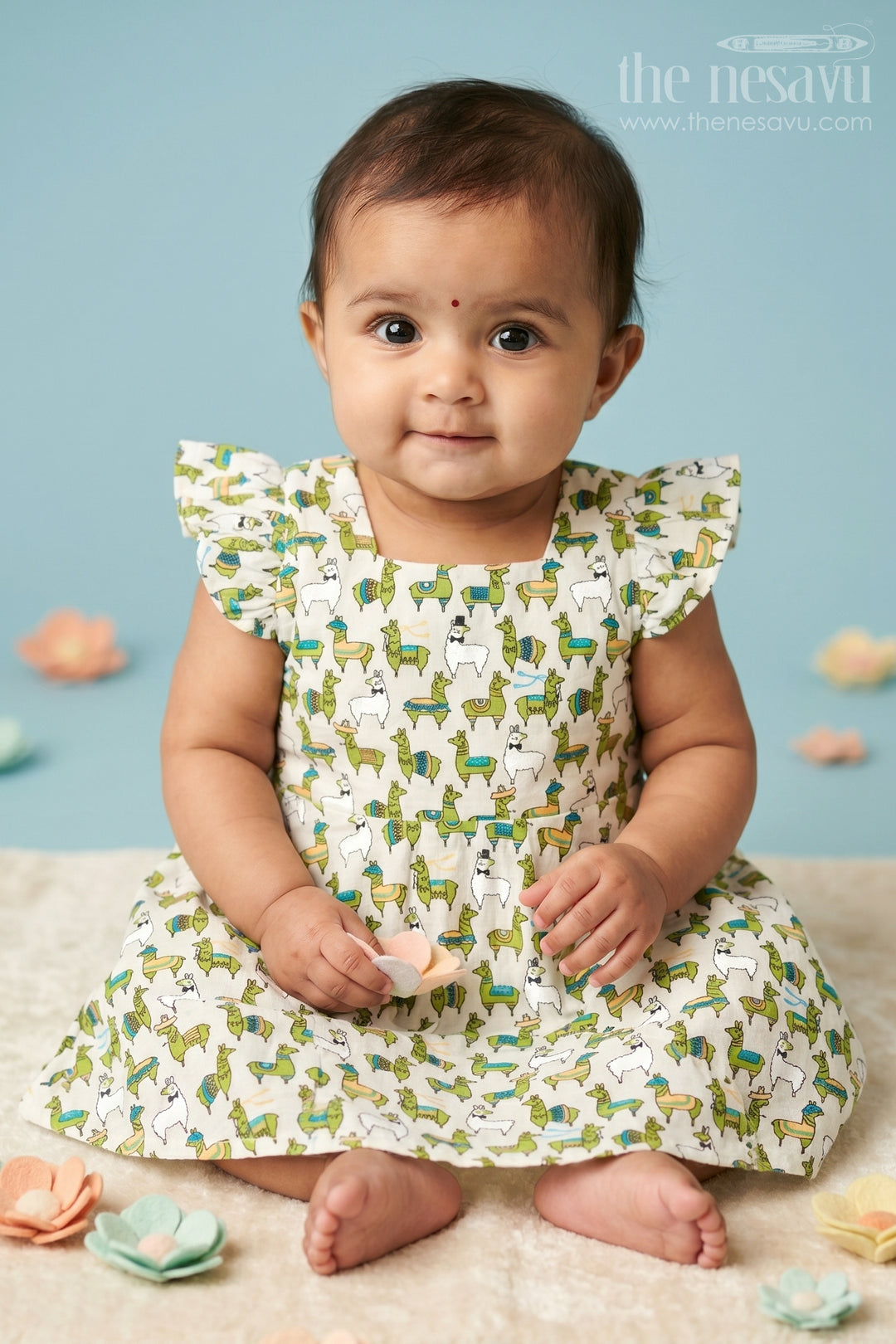The Nesavu Baby Cotton Frocks Short White Cotton Frock with Colorful Llama Print for Babies Playful Summer Outfit Nesavu 10 (NB) / White BFJ682A-10 Nesavu White Cotton Baby Frock Llama Print Playful Comfortable Summer Outfit