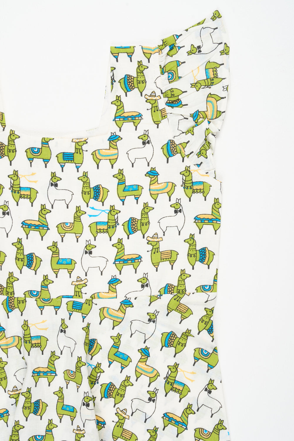 The Nesavu Baby Cotton Frocks Short White Cotton Frock with Colorful Llama Print for Babies Playful Summer Outfit Nesavu Nesavu White Cotton Baby Frock Llama Print Playful Comfortable Summer Outfit