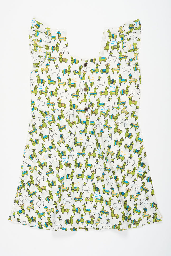 The Nesavu Baby Cotton Frocks Short White Cotton Frock with Colorful Llama Print for Babies Playful Summer Outfit Nesavu Nesavu White Cotton Baby Frock Llama Print Playful Comfortable Summer Outfit