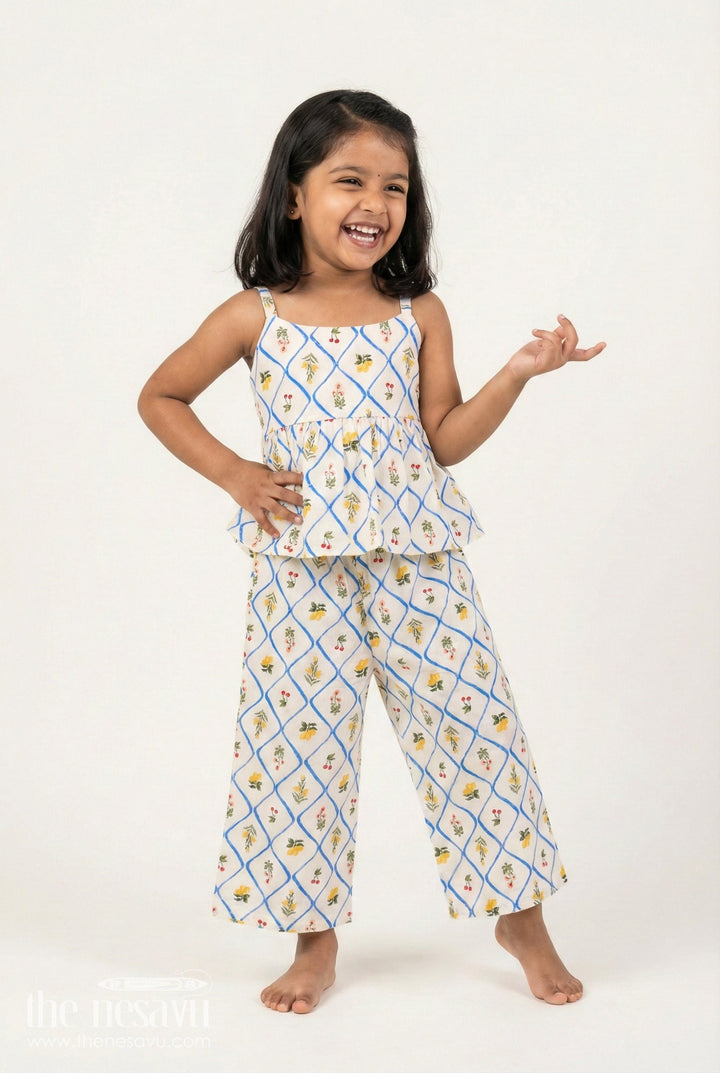 The Nesavu Girls Co-Ord Sets Shoulder Cutout Floral Coord Set for Baby Girls Nesavu 16 (1Y) / White GPS708A-16 Nesavu Girls Floral Summer Co-Ord Set Cold Shoulder Top Palazzo Pants Cotton Print