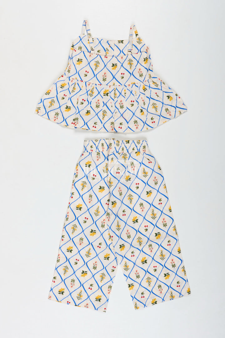 The Nesavu Girls Sharara / Plazo Set Shoulder Cutout Floral CoOrd Set For Baby Girls Nesavu 16 (1Y) / White GPS708A-16 Nesavu Girls Floral Summer Co-Ord Set Cold Shoulder Top Palazzo Pants Cotton Print