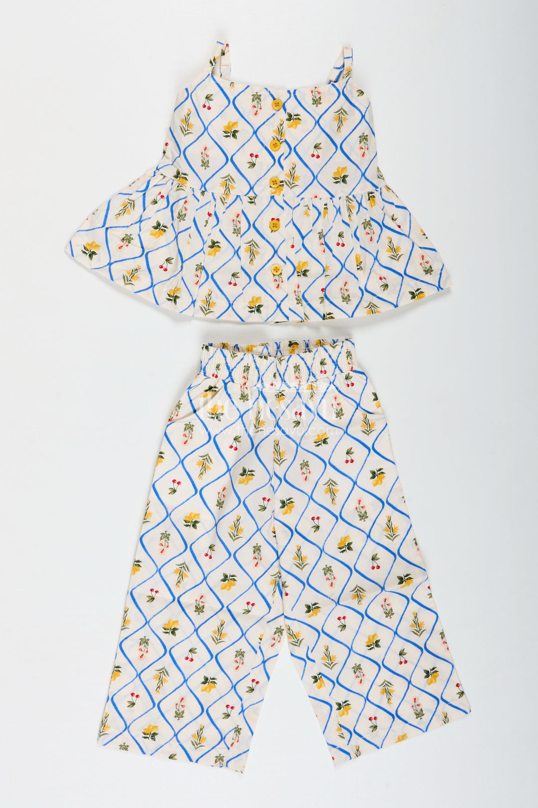 The Nesavu Girls Sharara / Plazo Set Shoulder Cutout Floral CoOrd Set For Baby Girls Nesavu Nesavu Girls Floral Summer Co-Ord Set Cold Shoulder Top Palazzo Pants Cotton Print