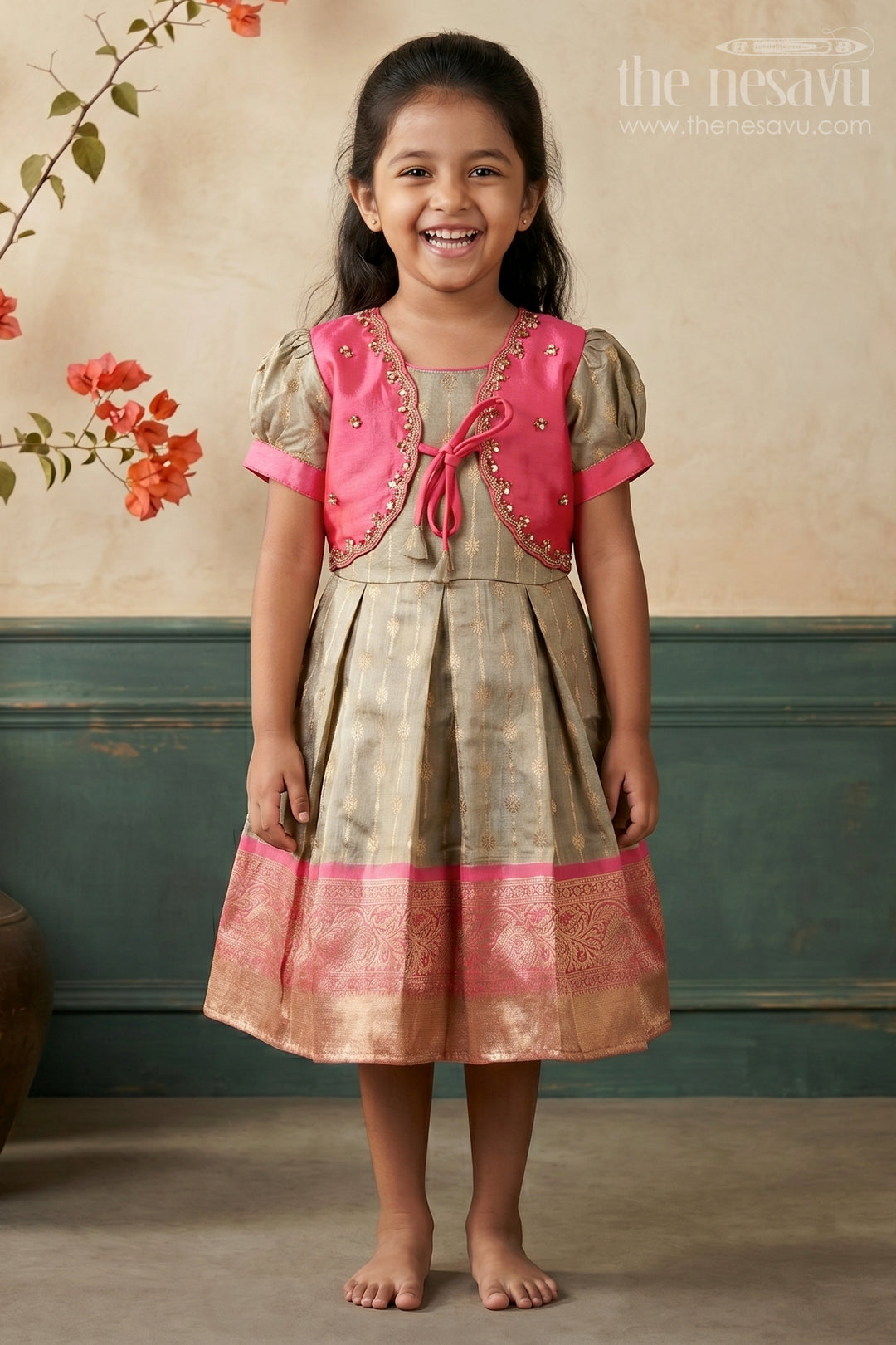 The Nesavu Silk Party Frock Silk Blend Frock for Girls with Zari Details for Cultural Functions and Photoshoots Nesavu 16 (1Y) / Gray SF1050A-16 Nesavu silk party frock baby girls zari tissue skirt  perfect cultural events celebrations