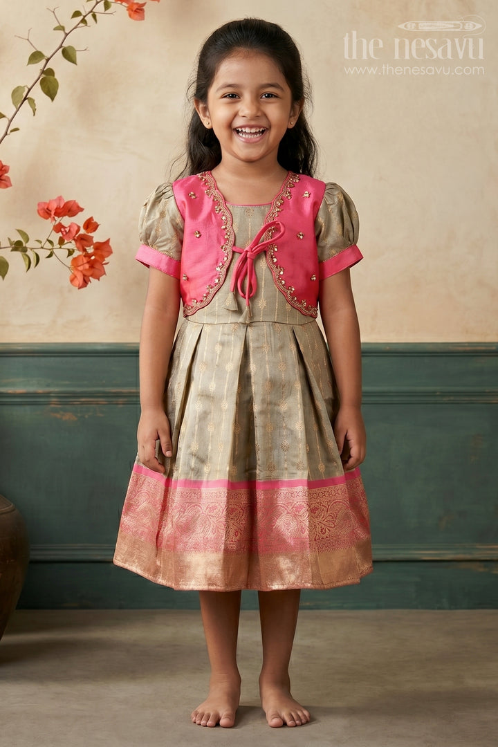 The Nesavu Silk Party Frock Silk Blend Frock for Girls with Zari Details for Cultural Functions and Photoshoots Nesavu 16 (1Y) / Gray SF1050A-16 Nesavu silk party frock baby girls zari tissue skirt  perfect cultural events celebrations