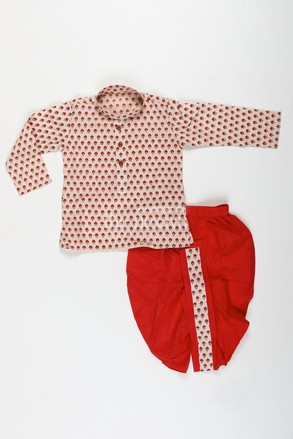 The Nesavu Boys Dothi Set Silk Dhoti Set for Boys Royal Wedding Motif Style Nesavu 12 (3M) / Red BES725A-12 Nesavu Boys Cream Red Dhoti Kurta Set Cotton Floral Print Cultural Celebrations
