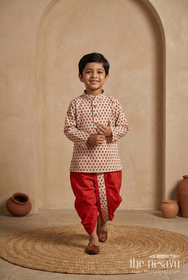 The Nesavu Boys Dothi Set Silk Dhoti Set for Boys Royal Wedding Motif Style Nesavu 12 (3M) / Red BES725A-12 Nesavu Boys Cream Red Dhoti Kurta Set Cotton Floral Print Cultural Celebrations
