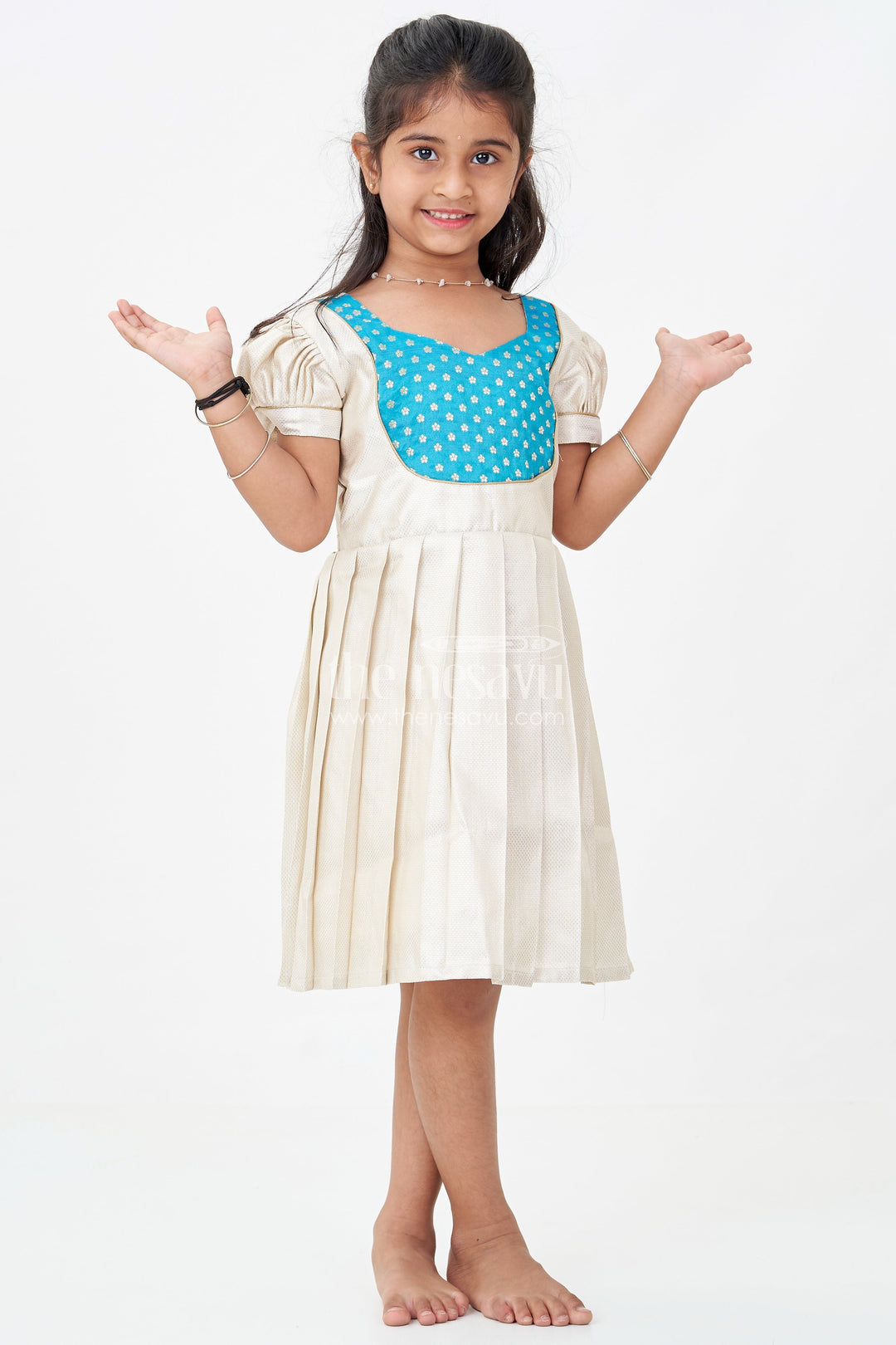 The Nesavu Silk Frock Silk Frock for Baby Girl in Ivory Tissue Silk with Emerald Embellished Yoke and Puff Sleeves Nesavu 20 (3Y) / Half white SF1016A-20 Nesavu Silk Frock Baby Girl Ivory Tissue Silk Emerald Embellished Yoke Puff Sleeves
