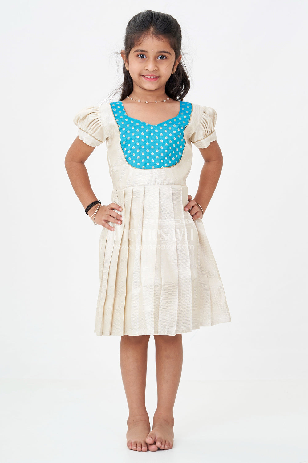 The Nesavu Silk Frock Silk Frock for Baby Girl in Ivory Tissue Silk with Emerald Embellished Yoke and Puff Sleeves Nesavu Nesavu Silk Frock Baby Girl Ivory Tissue Silk Emerald Embellished Yoke Puff Sleeves