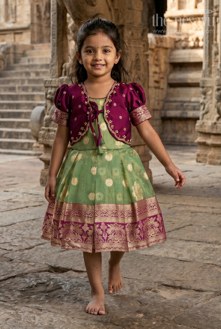 The Nesavu Silk Frock Silk Frock for Baby Girl’s First Festival or Family Function Nesavu 16 (1Y) / Green / Silk Blend SF1109A-16 Nesavu silk frock for baby girl with zari border – perfect for naming ceremony or festive occasions
