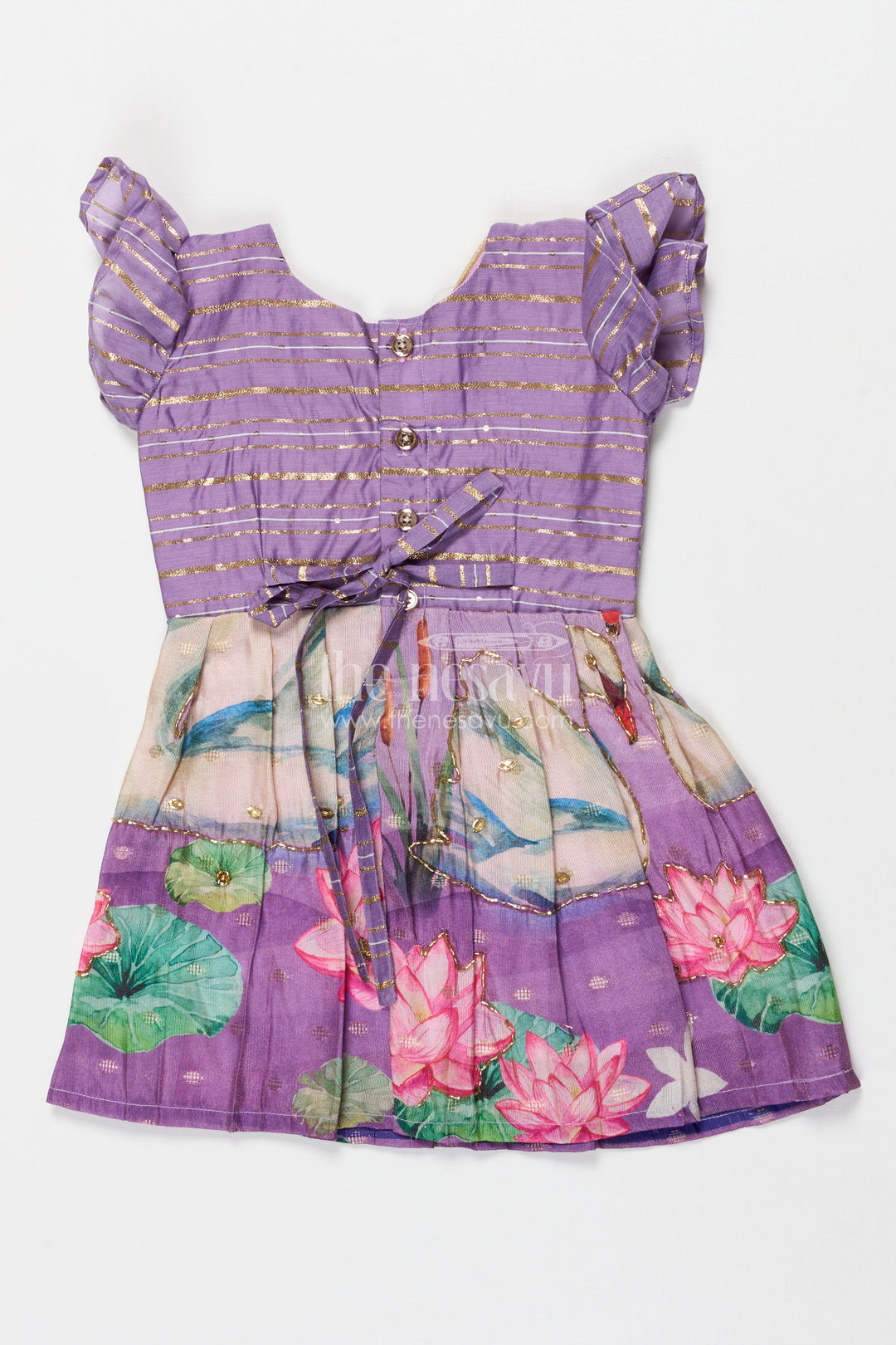 The Nesavu Silk Frock Silk Frock for Baby Girls for Festive Daywear and School Functions Nesavu 16 (1Y) / Purple SF1100A-16 Nesavu baby girl silk frock with puff sleeves and lotus print – perfect for cultural events and festive wear