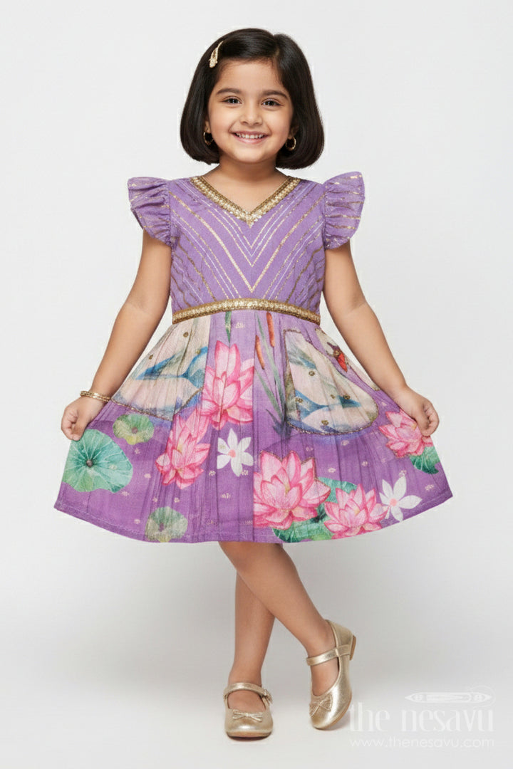 The Nesavu Silk Frock Silk Frock for Baby Girls for Festive Daywear and School Functions Nesavu 16 (1Y) / Purple SF1100A-16 Nesavu baby girl silk frock with puff sleeves and lotus print – perfect for cultural events and festive wear