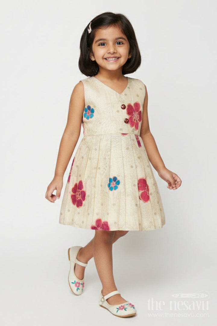 The Nesavu Silk Frock Silk Frock for Baby Girls for Festive Photos and Family Events Nesavu 18 (2Y) / Cream SF1097A-18 Nesavu baby girl silk frock with floral prints in Banaras art silk – great for festive portraits and family gatherings