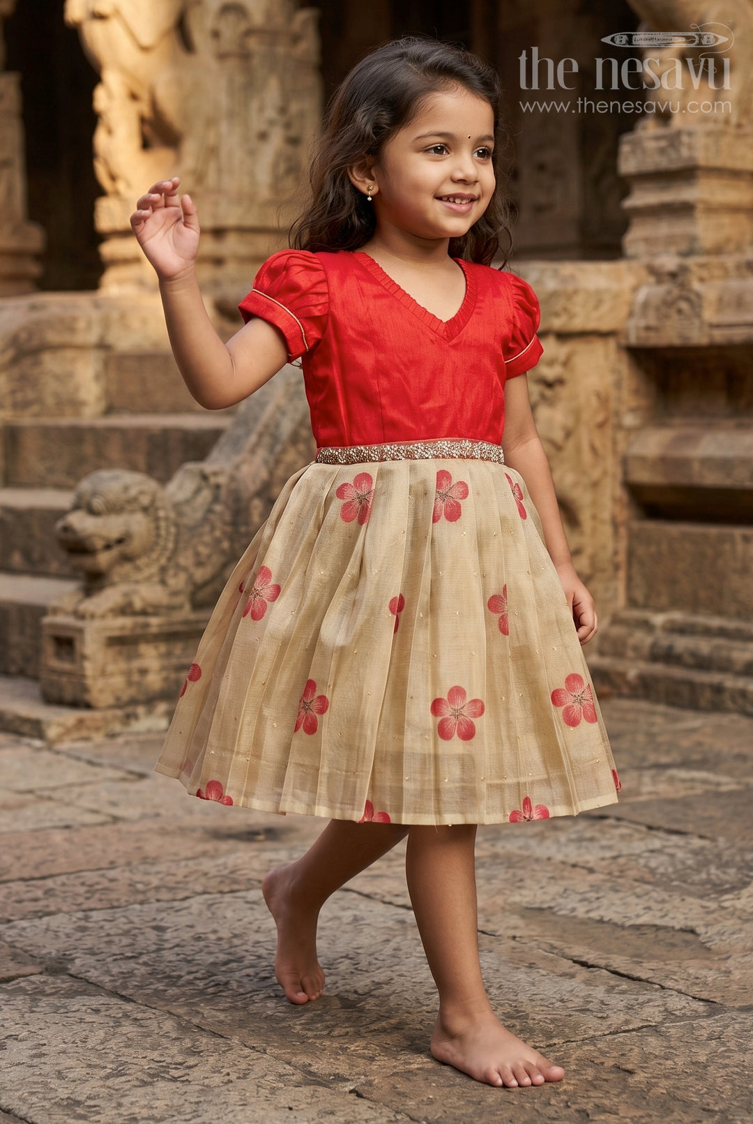 The Nesavu Silk Embroidered Frock Silk Frock for Baby Girls with Floral Prints for Birthday and Festive Wear Nesavu 16 (1Y) / Red / Silk Blend SF1111A-16 Nesavu silk frock for baby girls with digital floral prints and puff sleeves – perfect for birthdays and poojas