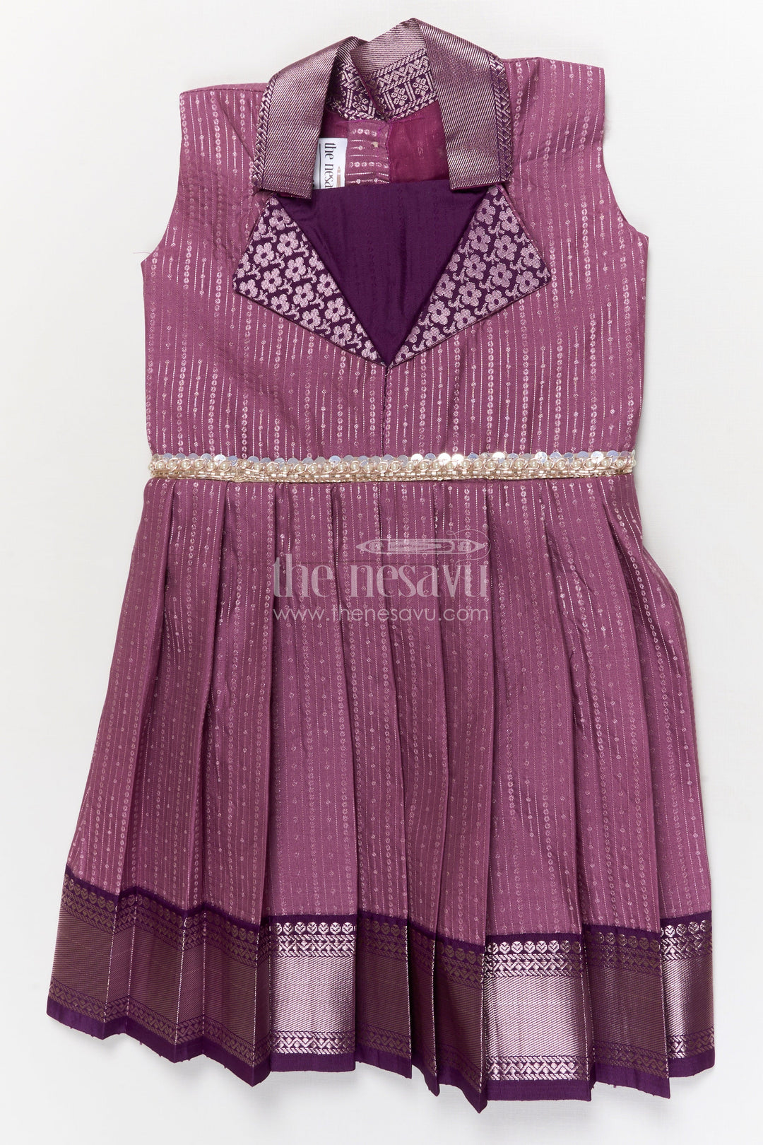 The Nesavu Girls Kanchi Silk Frock Silk Frock for Girls for Ethnic School Days and Family Gatherings Nesavu 16 (1Y) / Purple / Silk Blend SF1006BC-16 Nesavu silk frock for girls with woven zari borders and festive collar – ideal for functions and school ethnic wear