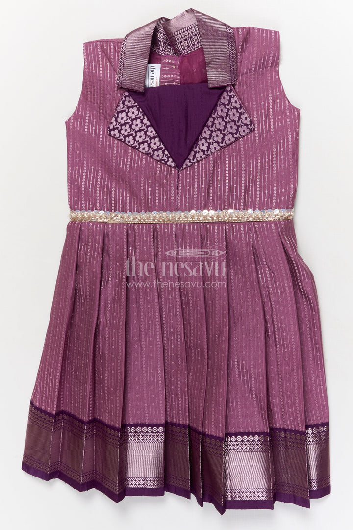 The Nesavu Girls Kanchi Silk Frock Silk Frock for Girls for Ethnic School Days and Family Gatherings Nesavu 16 (1Y) / Purple / Silk Blend SF1006BC-16 Nesavu silk frock for girls with woven zari borders and festive collar – ideal for functions and school ethnic wear