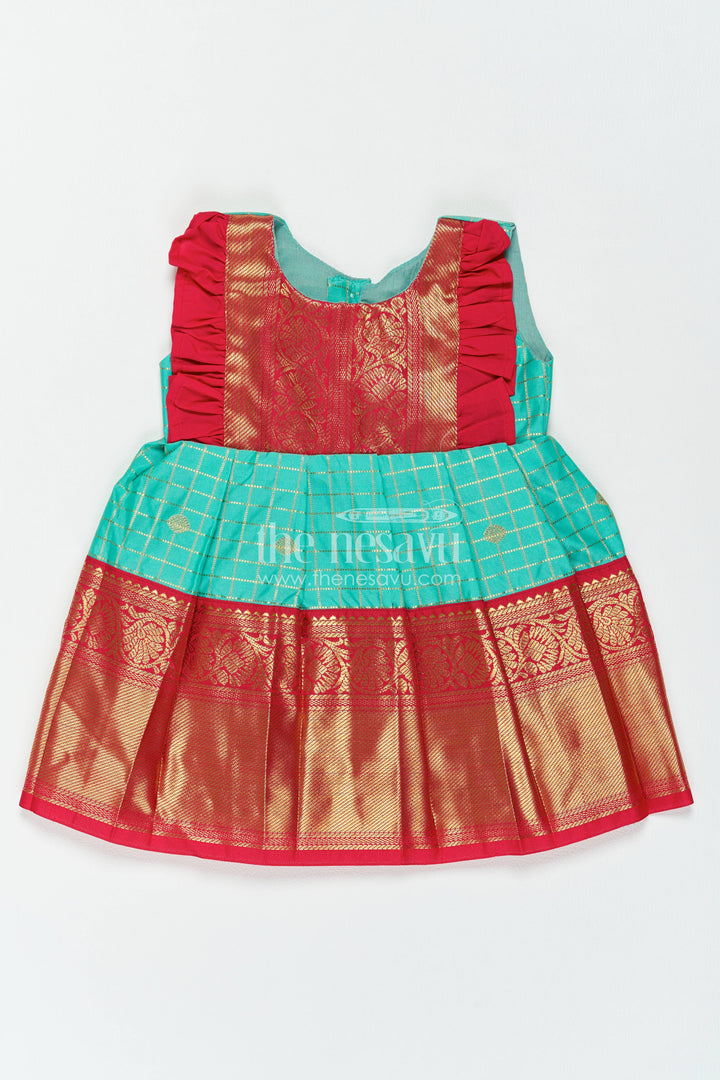 The Nesavu Girls Kanchi Silk Frock Silk Frock for Girls in Blue with an Occasion Ready Finish Nesavu 10 (NB) / Blue / Style 2 KSF099DB-10 Nesavu Silk Frock For Girls In Blue For Parties And Memorable Photos KSF099DB-10