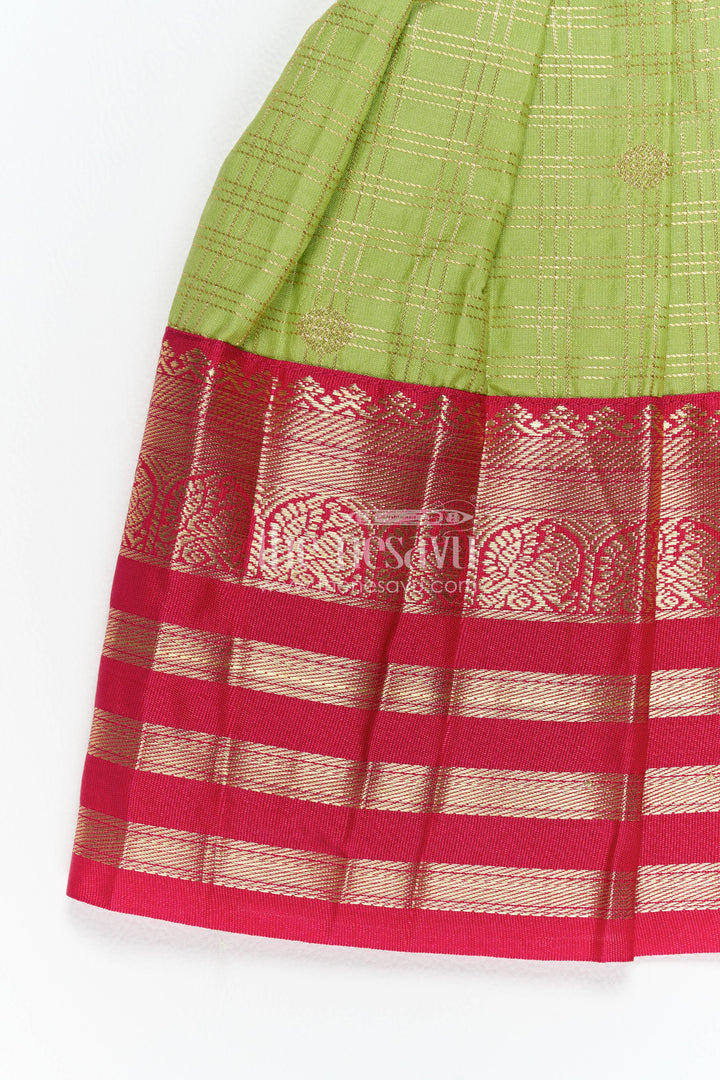 The Nesavu Girls Kanchi Silk Frock Silk Frock for Girls in Green with an Occasion Ready Finish Nesavu Nesavu Silk Frock For Girls In Green For Parties And Memorable Photos