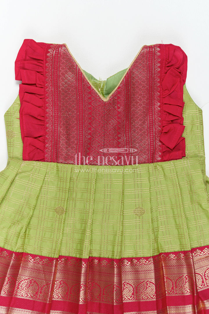 The Nesavu Girls Kanchi Silk Frock Silk Frock for Girls in Green with an Occasion Ready Finish Nesavu Nesavu Silk Frock For Girls In Green For Parties And Memorable Photos