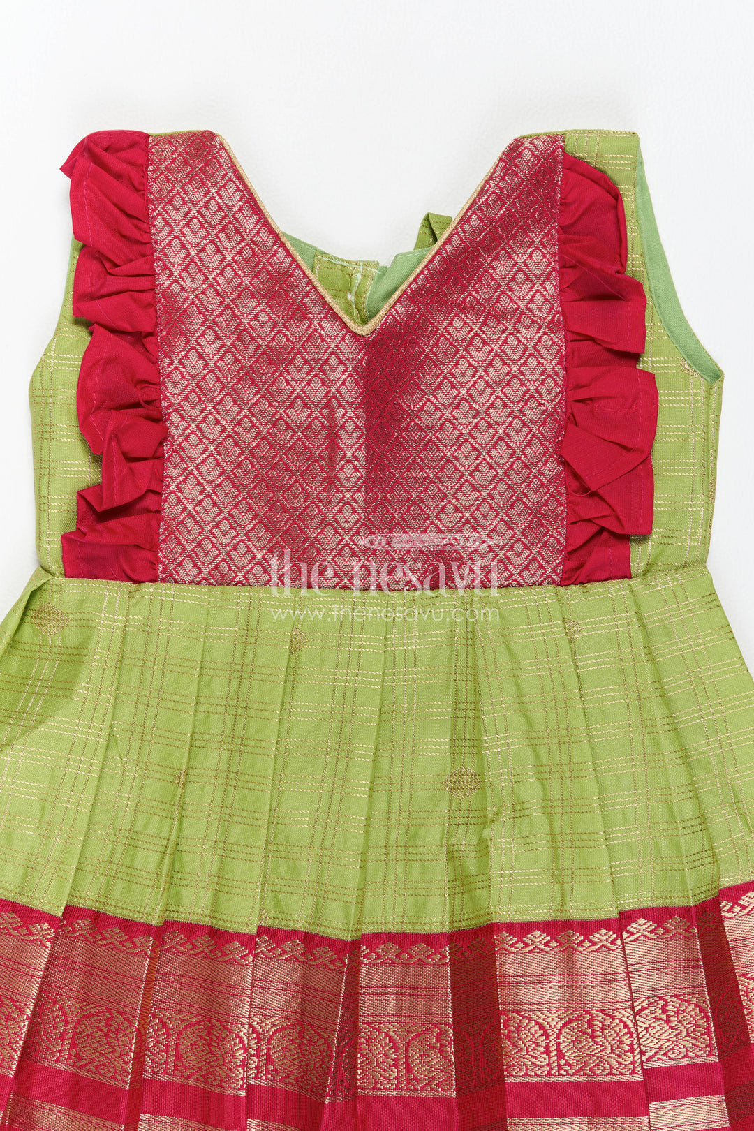 The Nesavu Girls Kanchi Silk Frock Silk Frock for Girls in Green with an Occasion Ready Finish Nesavu Nesavu Silk Frock For Girls In Green For Parties And Memorable Photos