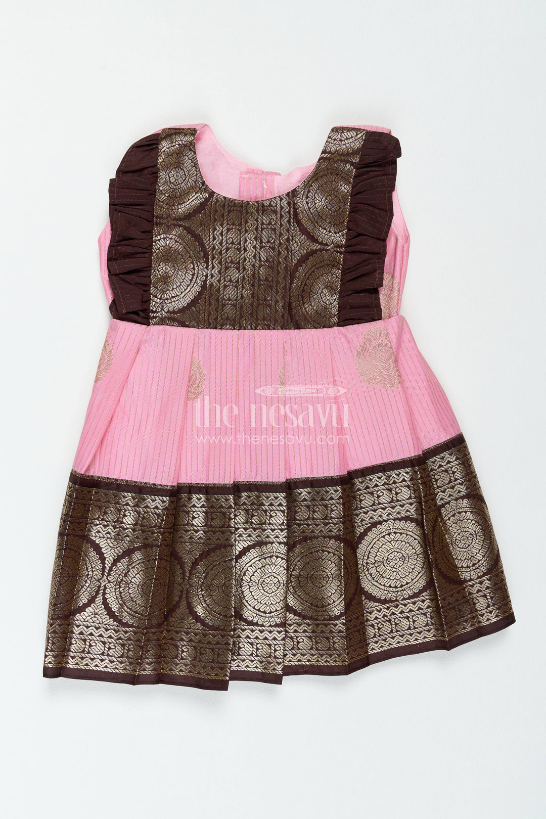 The Nesavu Girls Kanchi Silk Frock Silk Frock for Girls in Peach for Family Celebrations Nesavu 10 (NB) / Peach / Style 2 KSF091CB-10 Nesavu Silk Frock For Girls In Peach For Family Celebrations KSF091CB-10