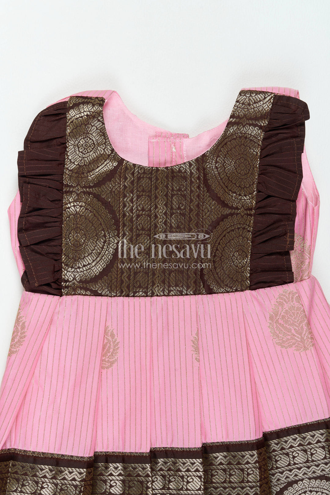 The Nesavu Girls Kanchi Silk Frock Silk Frock for Girls in Peach for Family Celebrations Nesavu Nesavu Silk Frock For Girls In Peach For Family Celebrations