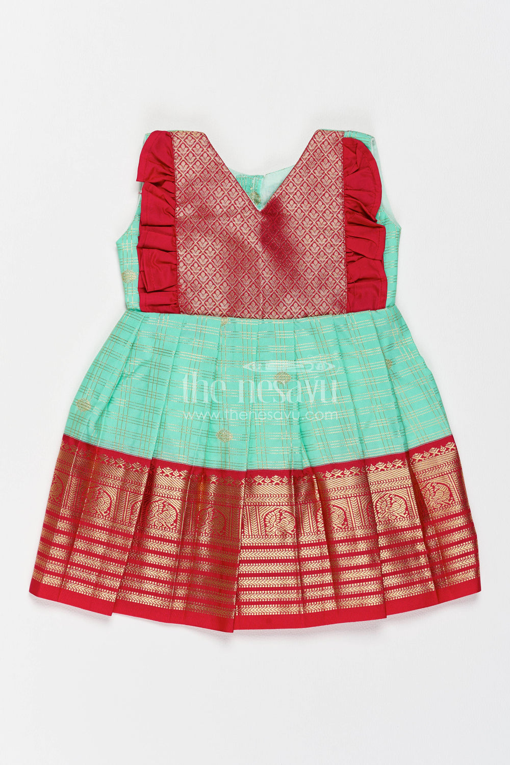 The Nesavu Girls Kanchi Silk Frock Silk Frock for Girls in Turquoise for Family Celebrations Nesavu 12 (3M) / Turquoise / Style 1 KSF098BA-12 Nesavu Silk Frock For Girls In Turquoise For Parties And Memorable KSF098BA-12