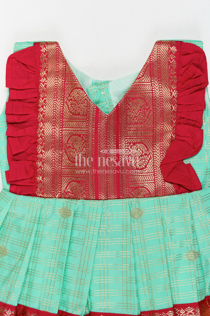 The Nesavu Girls Kanchi Silk Frock Silk Frock for Girls in Turquoise for Family Celebrations Nesavu Nesavu Silk Frock For Girls In Turquoise For Parties And Memorable