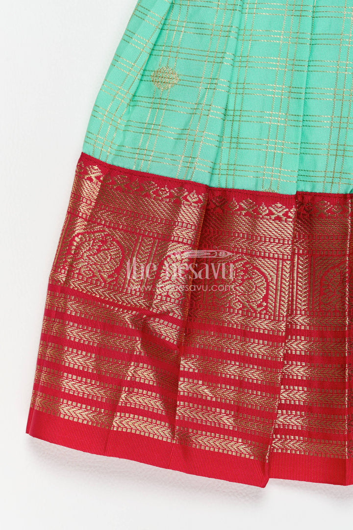The Nesavu Girls Kanchi Silk Frock Silk Frock for Girls in Turquoise for Family Celebrations Nesavu Nesavu Silk Frock For Girls In Turquoise For Parties And Memorable