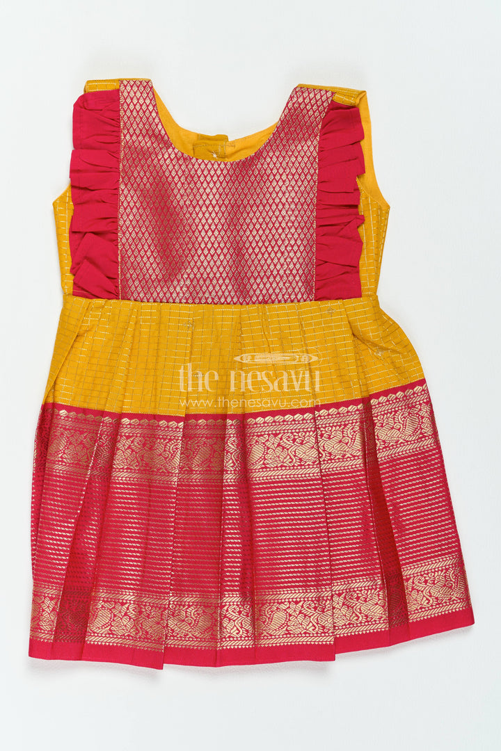 The Nesavu Girls Kanchi Silk Frock Silk Frock for Girls in Yellow with an Occasion Ready Finish Nesavu 12 (3M) / Yellow / Style 1 KSF100CA-12 Nesavu Silk Frock For Girls In Yellow For Parties And Memorable Photos KSF100CA-12