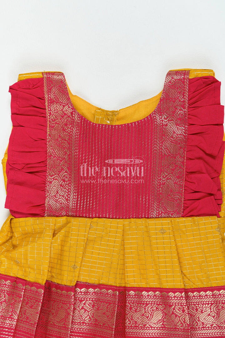 The Nesavu Girls Kanchi Silk Frock Silk Frock for Girls in Yellow with an Occasion Ready Finish Nesavu Nesavu Silk Frock For Girls In Yellow For Parties And Memorable Photos