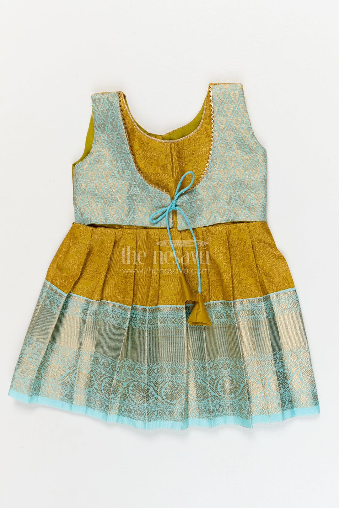 The Nesavu Girls Kanchi Silk Frock Silk Frock for Toddler Girls with Jacquard Kanchivaram Saree Inspired Festive Design Nesavu 10 (NB) / Yellow / style 1 KSF029CA-10 Nesavu toddler girl silk frock with jacquard Kanchivaram inspired zari borders for festive and traditional wear