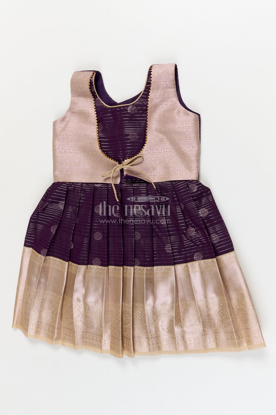 The Nesavu Girls Kanchi Silk Frock Silk Frock for Toddler Girls with Kanchivaram Saree Inspired Festive Design Nesavu 10 (NB) / Blue / style 1 KSF007AA-10 Nesavu toddler girl festive silk frock with Kanchivaram saree inspired zari butta and border detailing