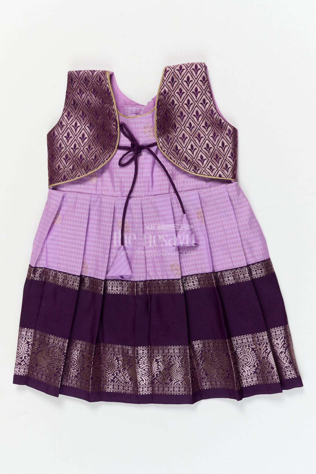 The Nesavu Girls Kanchi Silk Frock Silk Frock for Toddler Girls with Latest Kanchivaram Saree Inspired Zari Border Design Nesavu 10 (NB) / Purple / style 1 KSF016BA-10 Nesavu toddler girl silk frock with latest Kanchivaram saree inspired zari weaving and festive finish