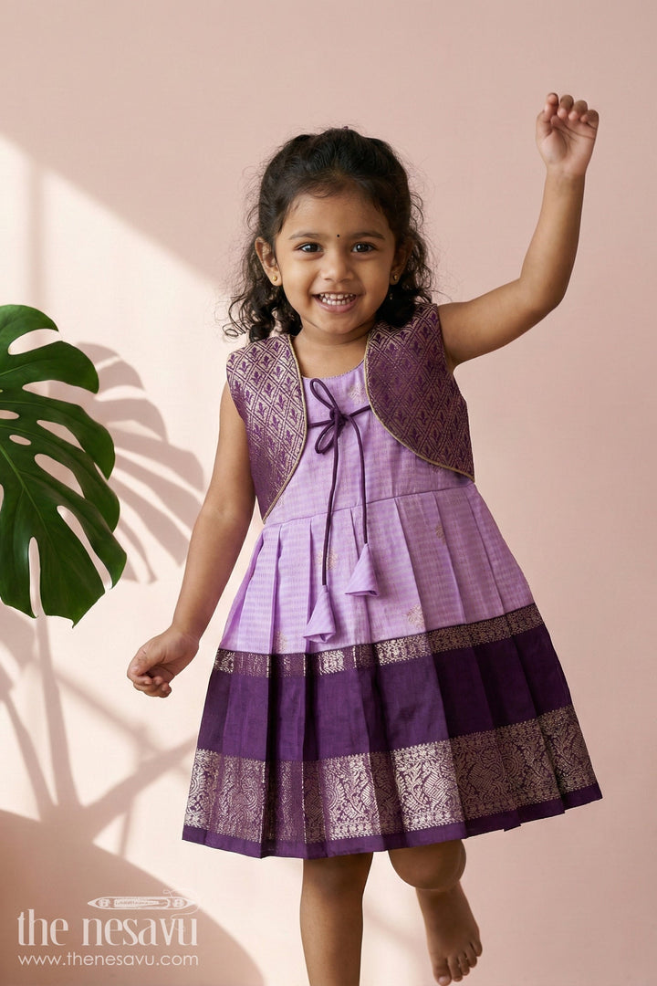 The Nesavu Girls Kanchi Silk Frock Silk Frock for Toddler Girls with Latest Kanchivaram Saree Inspired Zari Border Design Nesavu 10 (NB) / Purple / style 1 KSF016BA-10 Nesavu toddler girl silk frock with latest Kanchivaram saree inspired zari weaving and festive finish