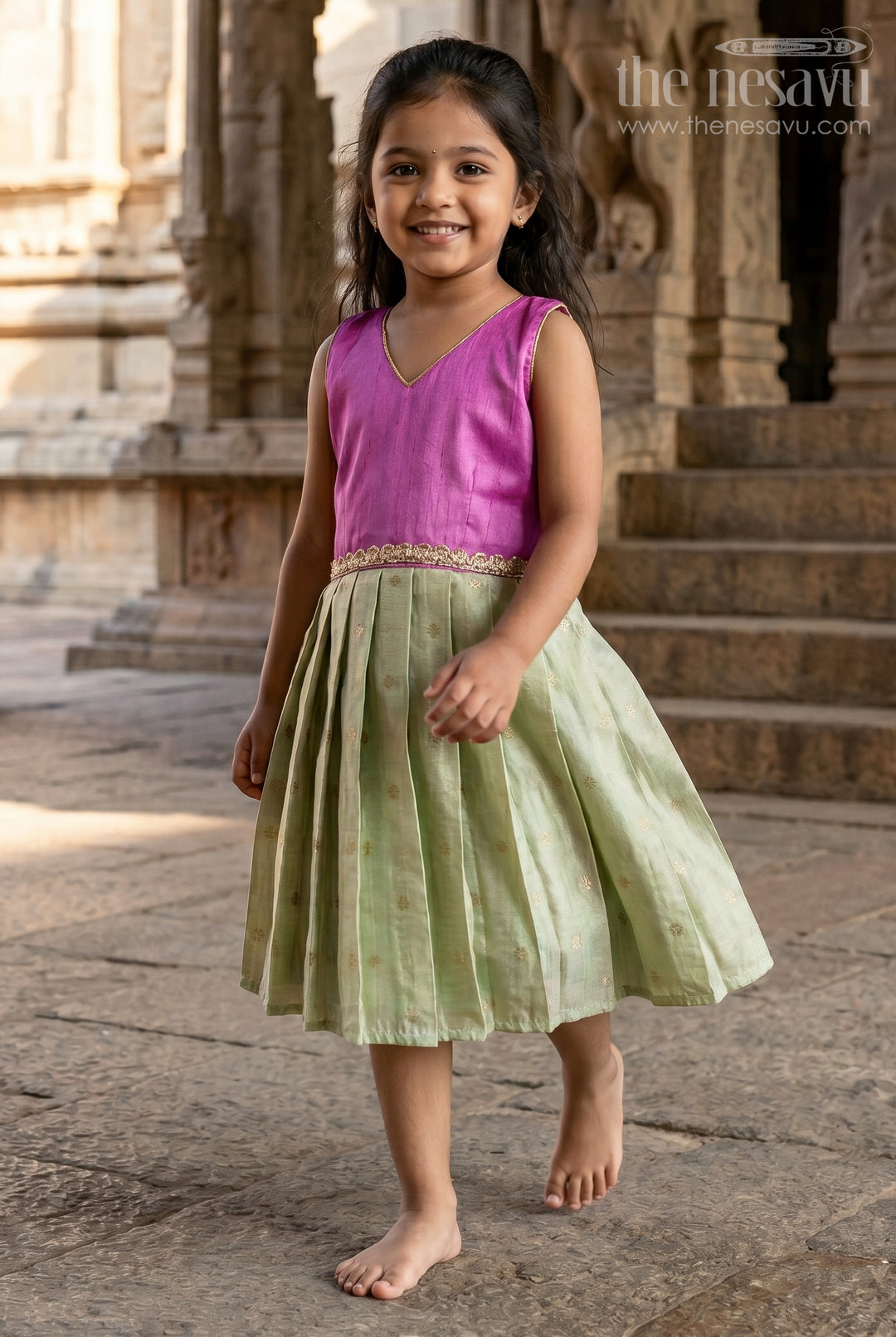 The Nesavu Silk Frock Silk Frock for Toddlers with Pleated Flare for Family Functions Nesavu 18 (2Y) / Purple / Silk Blend SF1115A-18 Nesavu silk frock for toddlers with shimmer pleated skirt – great for naming ceremonies and poojas