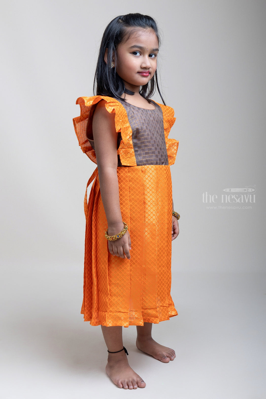 The Nesavu Silk Frock Silk Frock With Brown Yoke And Brocade Printed Orange Flare psr silks Nesavu