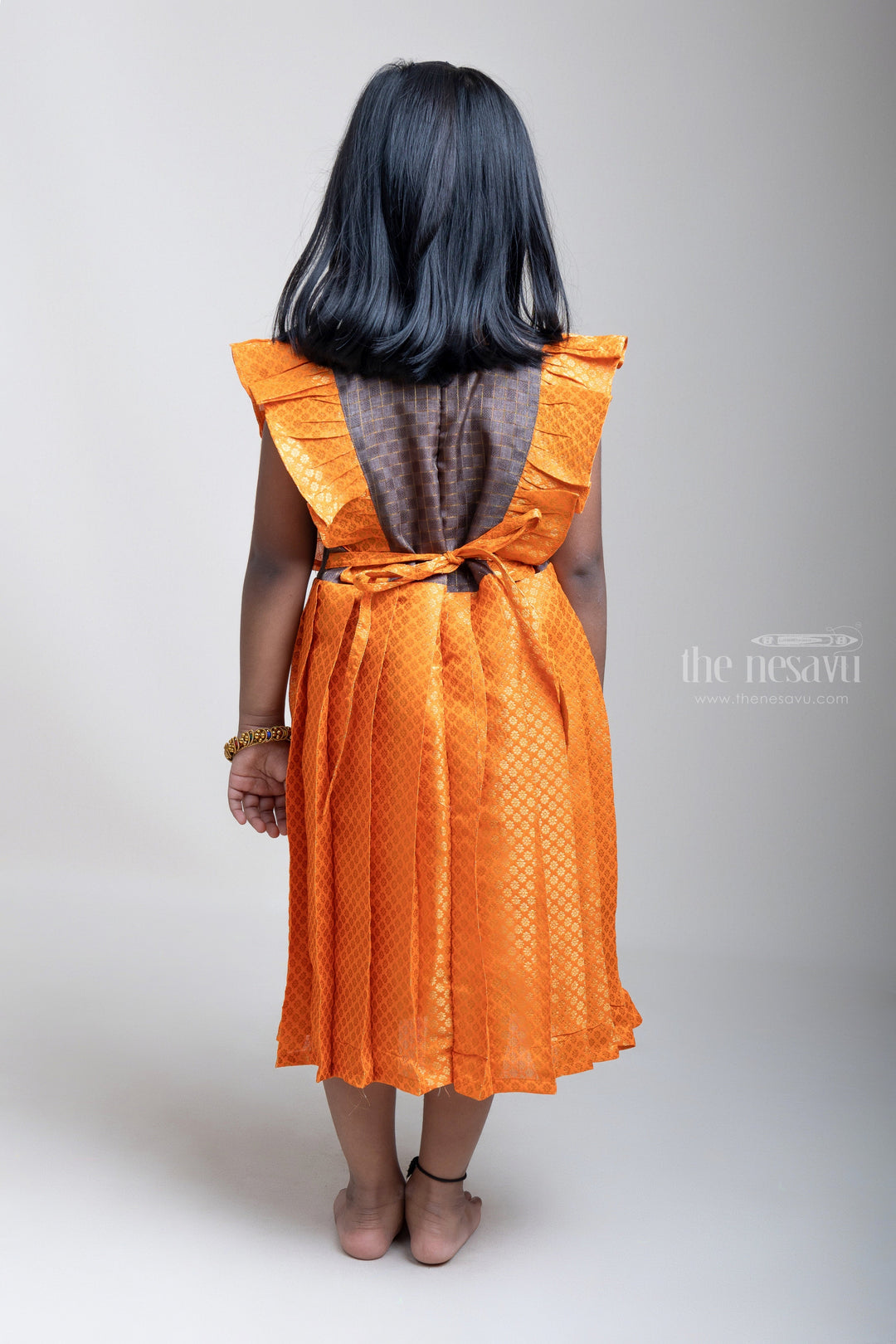 The Nesavu Silk Frock Silk Frock With Brown Yoke And Brocade Printed Orange Flare psr silks Nesavu