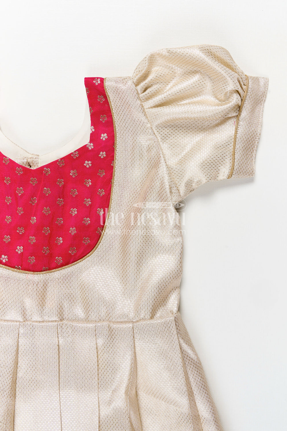 The Nesavu Silk Frock Silk Frocks Baby in Cream Tissue Silk with Magenta Embellished Yoke and Classic Pleated Skirt Nesavu Nesavu Cream Tissue Silk Frocks Baby Magenta Embellished Yoke Elegant Puff Sleeves